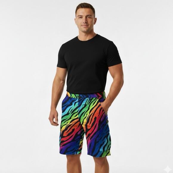 Royally Awesome NWOT Rainbow Zebra Cotton Blend Flat Front Shorts size 44 - Picture 1 of 15